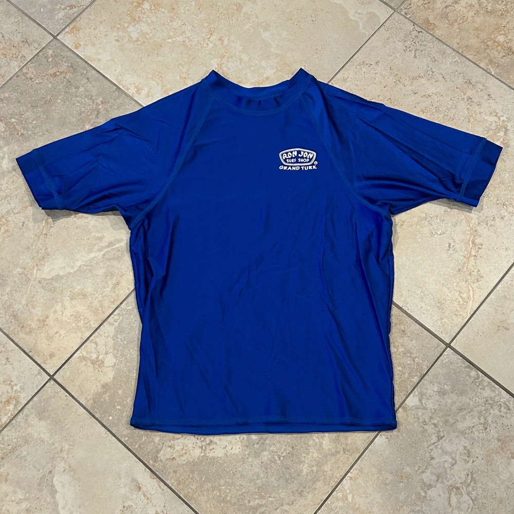 Vintage Ron Jon Rash Guard Men 2XL Blue Grand Turk Short Sleeve Surf‎ Swim Shirt